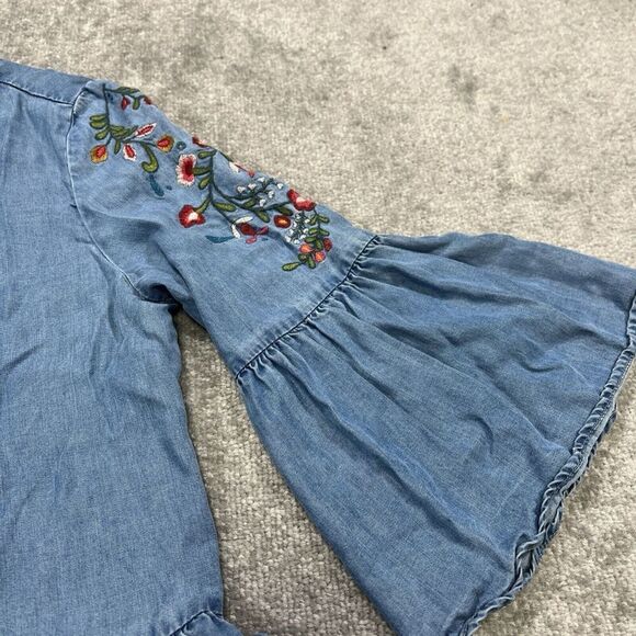 BeachLunchLounge Embroidered Peplum Chambray Blouse  Flare Bell Sleeve Small - Picture 6 of 15